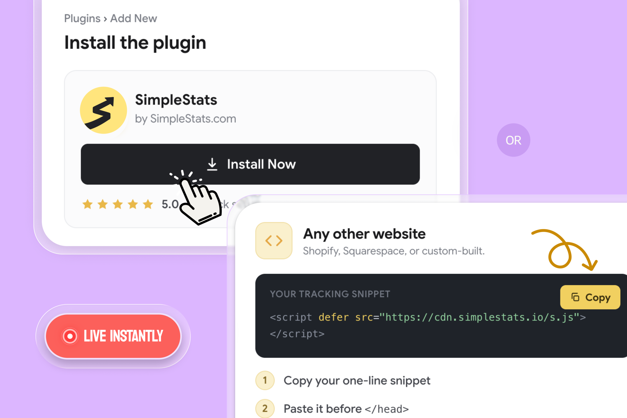 Screen showing a plugin install page with heading 'Install the plugin', SimpleStats logo and 'Install Now' button on a rounded card against a purple background.