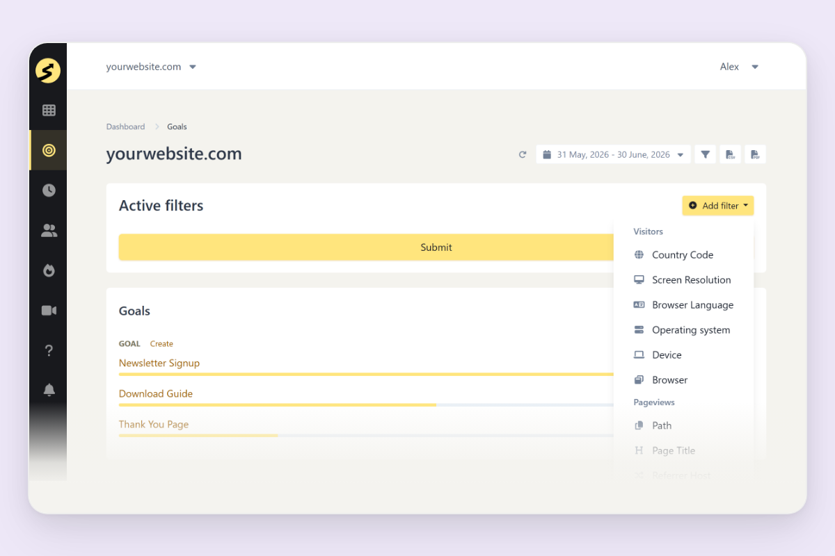 SimpleStats goal tracking page with filter panel open showing options to filter by UTM source, device, country, and more