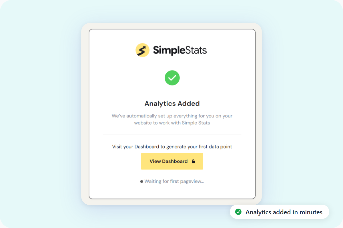 SimpleStats WordPress plugin setup screen confirming analytics is live