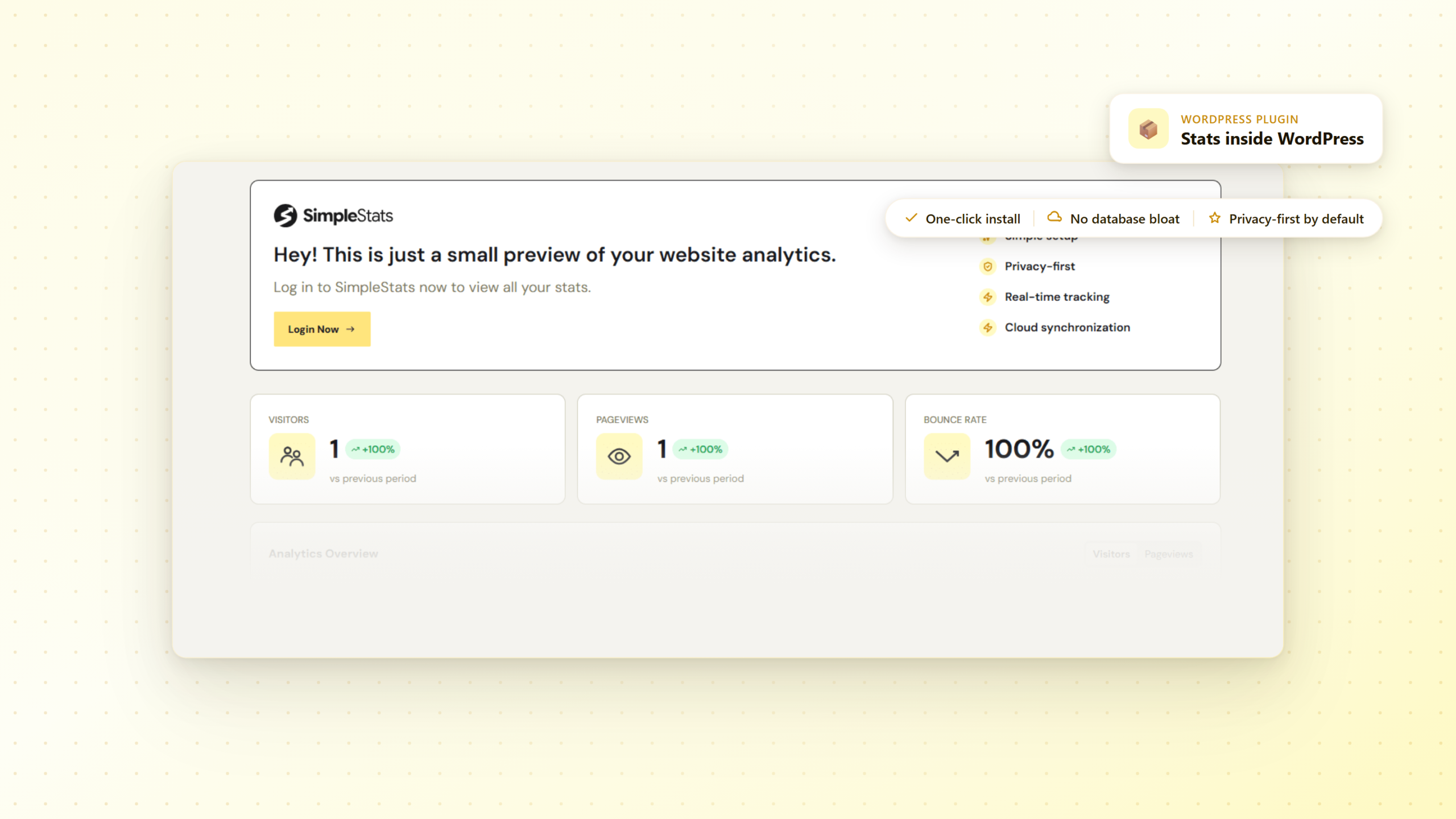 SimpleStats WordPress plugin showing analytics preview inside WP admin with visitors, pageviews, and bounce rate