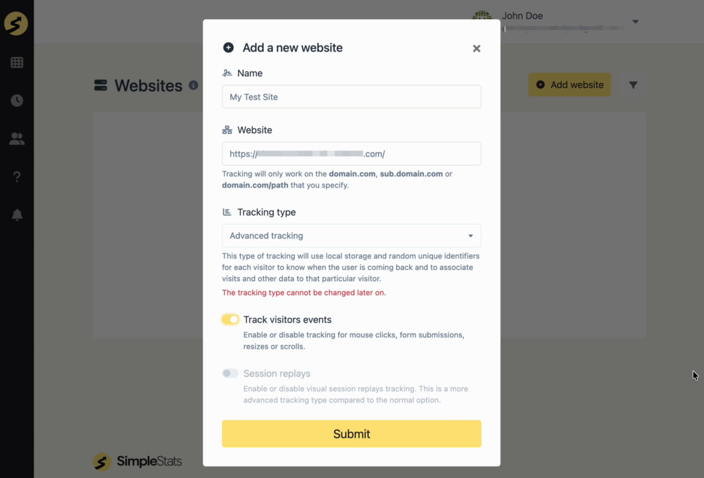 add-website-modal - SimpleStats.com Modal: Add a new website with fields for Name (My Test Site) and Website URL, plus tracking options and a Submit button.