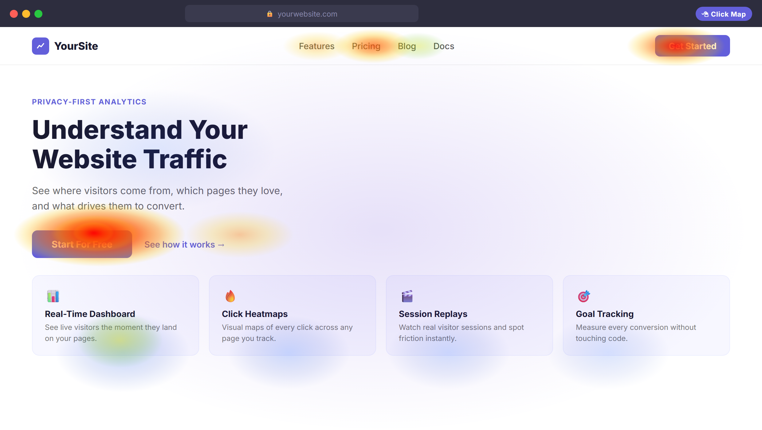 click-heatmap-concept-1 - SimpleStats.com Click heatmap showing hot spots on a website CTA button and nav links