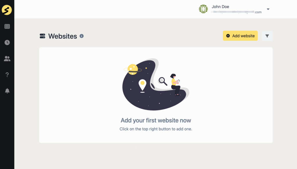dashboard-empty-state - SimpleStats.com Onboarding illustration: a person sits on a space-shaped dark blob with a planet and location pin, inviting you to add your first website.