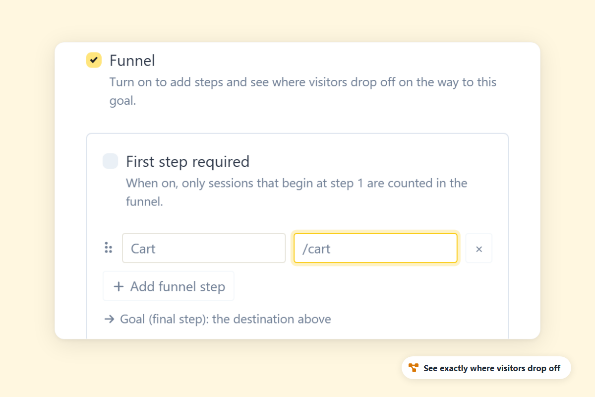 SimpleStats goal creation form with Goal Name and page path fields - set up a goal in under a minute