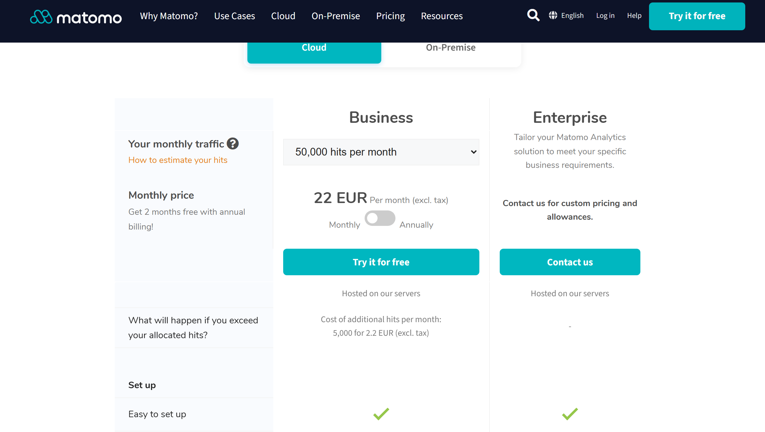 matomo-cloud-pricing - SimpleStats.com Matomo Cloud pricing page showing Business plan at 22 EUR per month for 50,000 hits