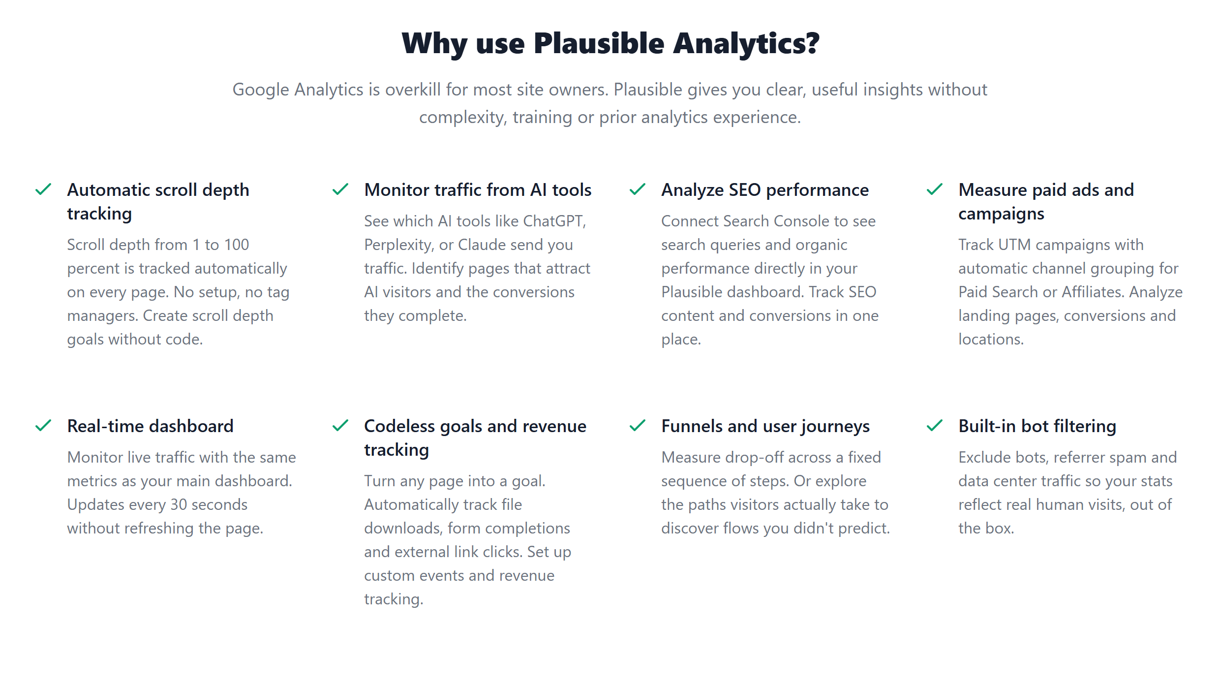 Plausible feature list showing no heatmap or click tracking option