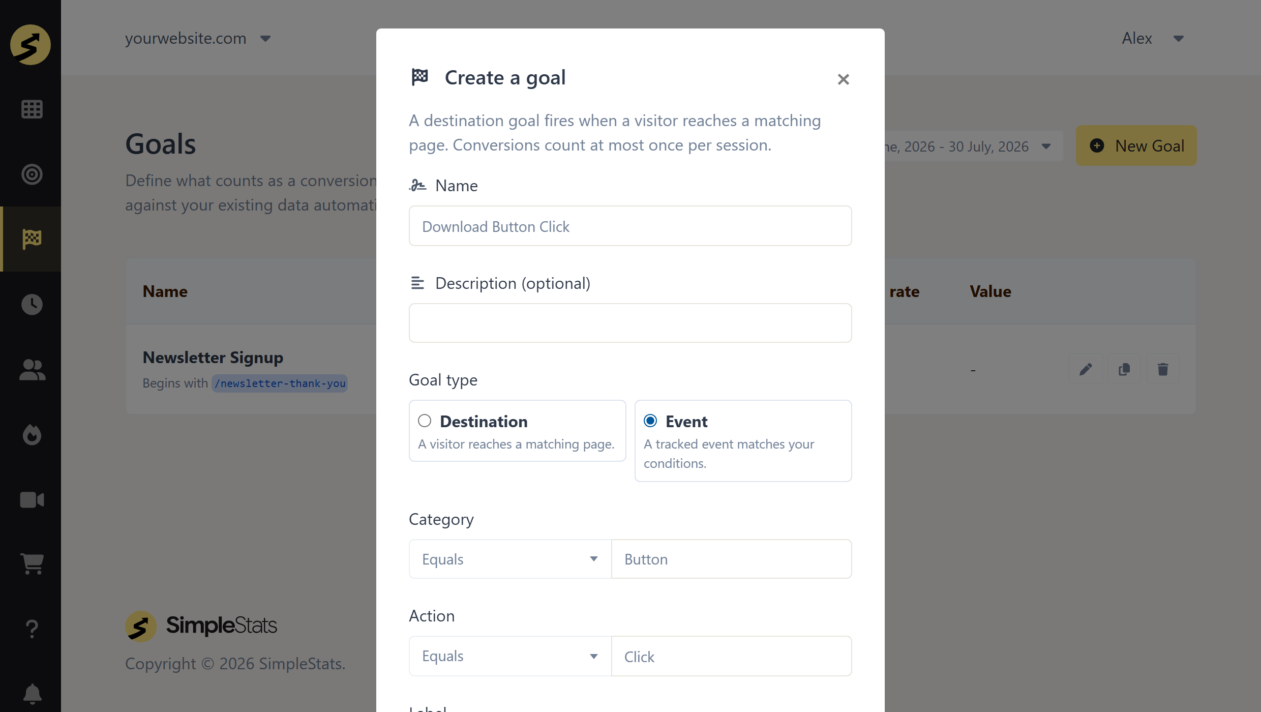 ss-goal-create-modal-event-v2 - SimpleStats.com Creating an Event goal with Category and Action conditions in SimpleStats