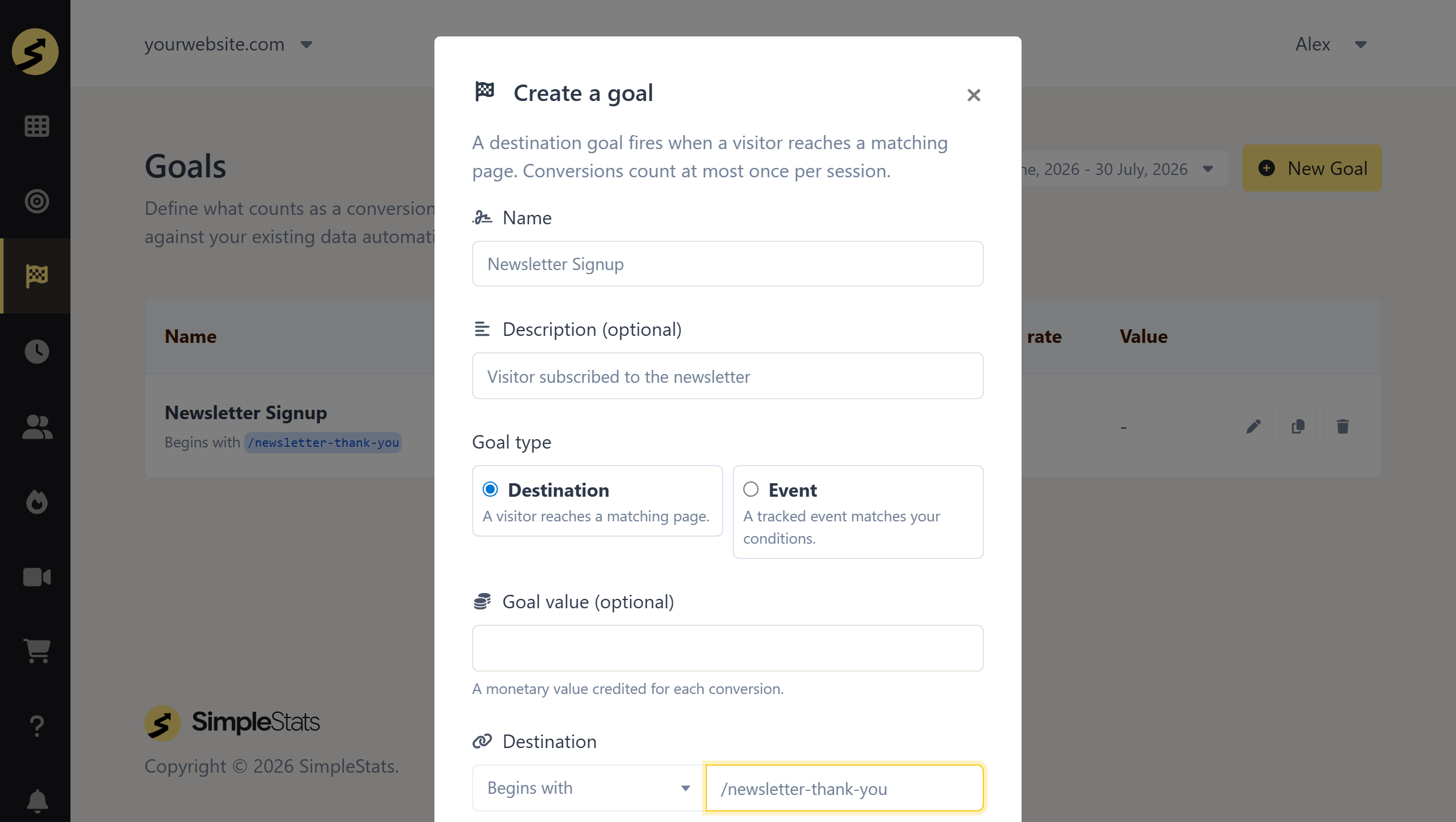 ss-goal-create-modal-v2 - SimpleStats.com Creating a Destination goal in SimpleStats for WordPress conversion tracking