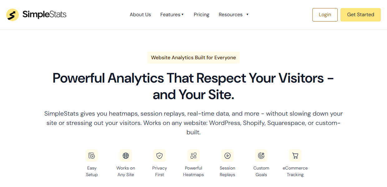 ss-homepage - SimpleStats.com SimpleStats analytics homepage showing privacy-first website analytics