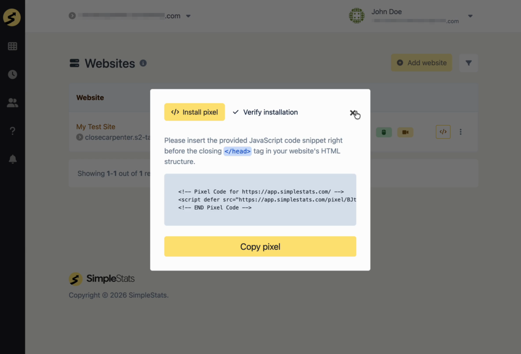 tracking-code-modal - SimpleStats.com Modal dialog with two actions: Install pixel and Verify installation; shows HTML code snippet to place before and a Copy pixel button.