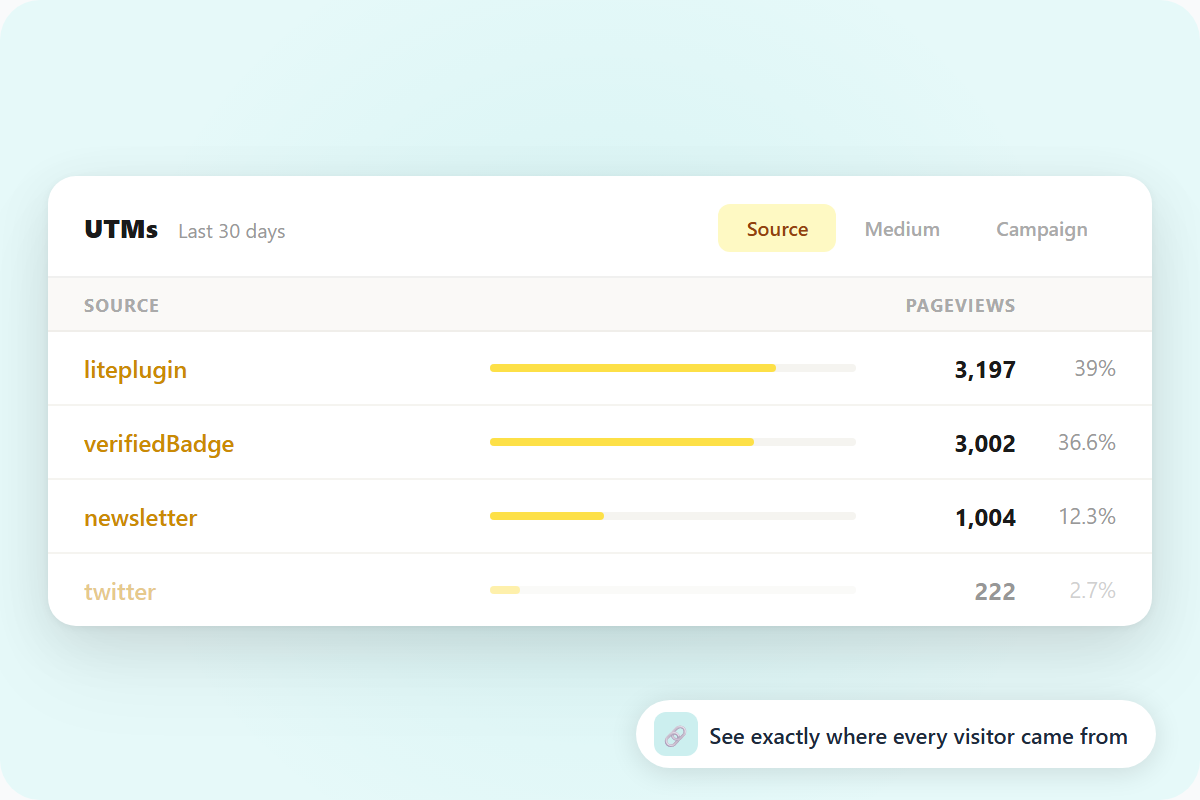 UTM source breakdown with pageview counts per source