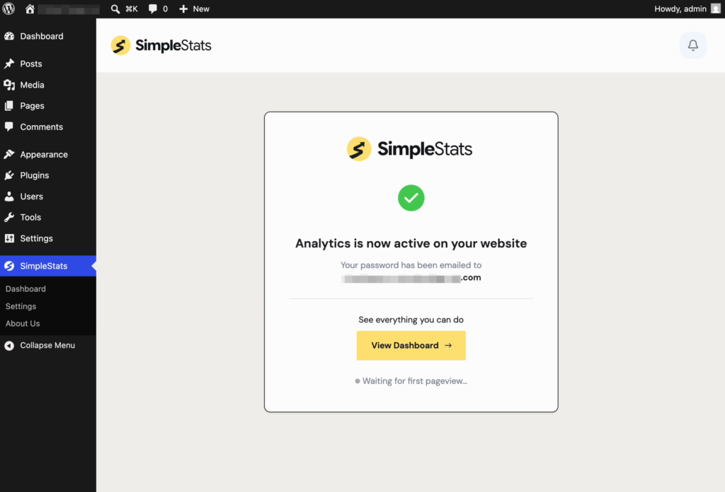 wp-plugin-analytics-added - SimpleStats.com WordPress admin dashboard with SimpleStats onboarding modal stating analytics is active, including a yellow View Dashboard button and a waiting screen behind it.