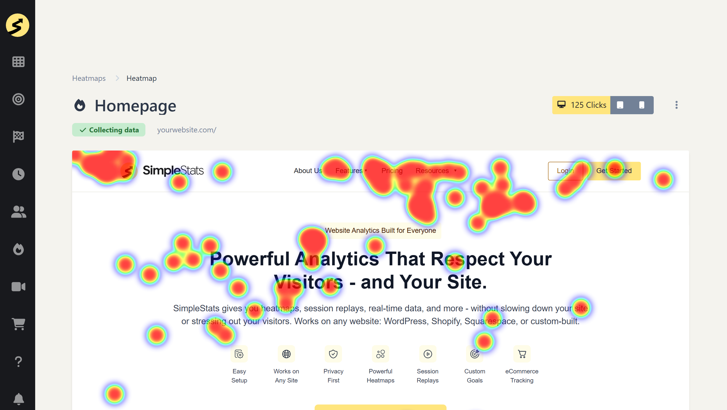 SimpleStats heatmap showing where visitors click on a page