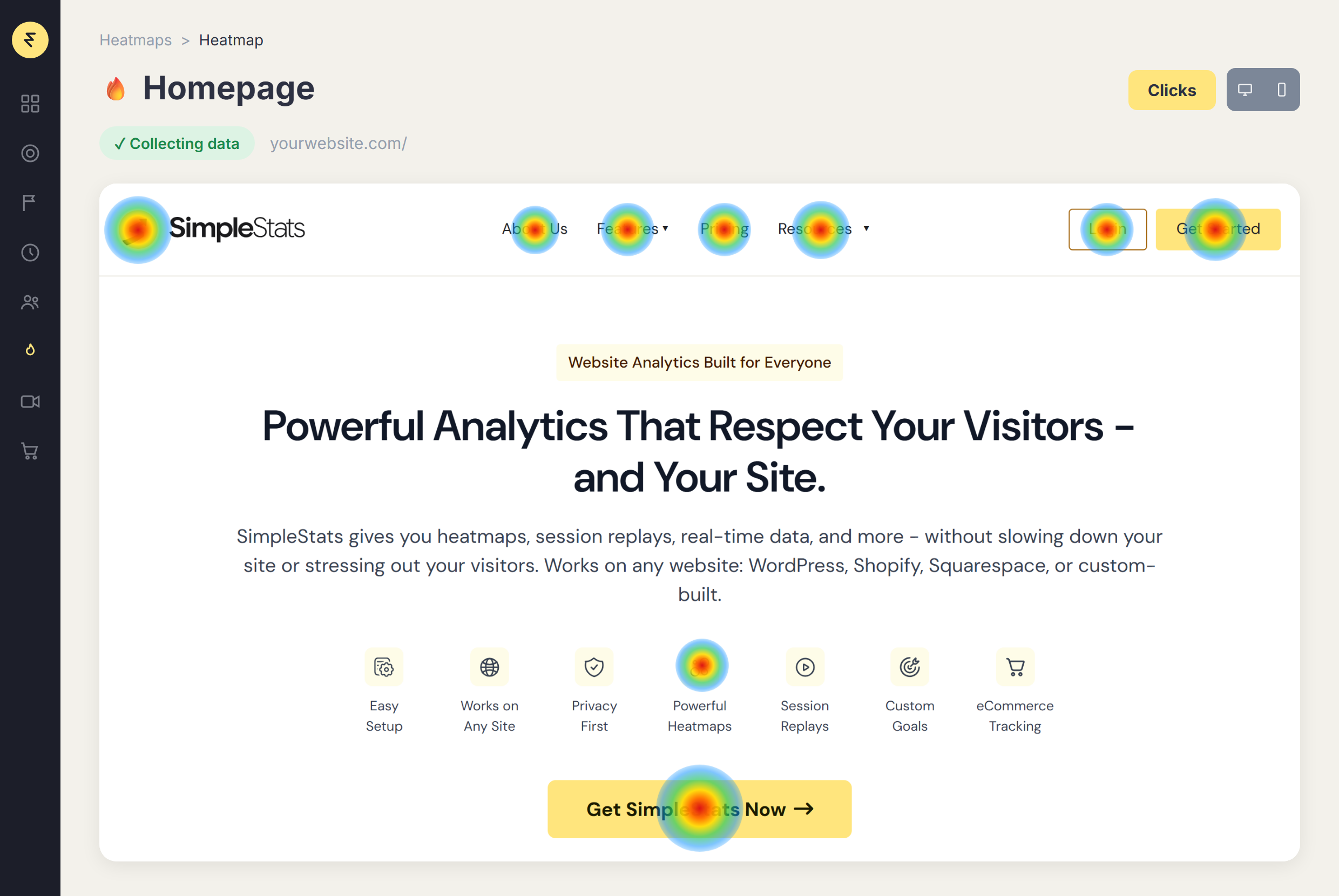 ss-heatmap-google-analytics-dashboard - SimpleStats.com A heatmap google analytics can't produce, showing exactly where visitors click on a page